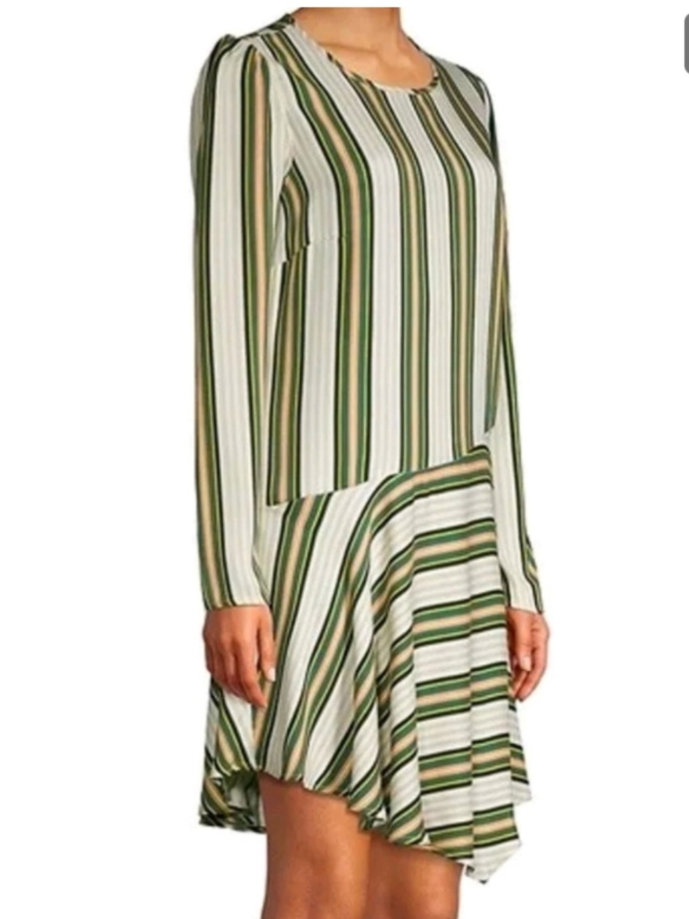 BCBGeneration Striped Green Long-Sleeve Drop-Waist Dress. Size Large